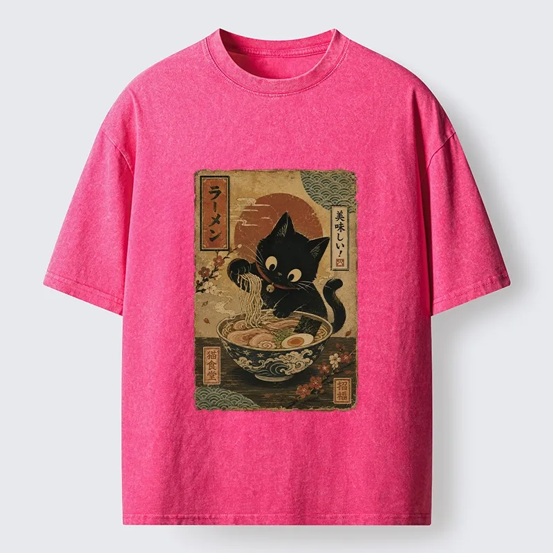 Tokyo-Tiger Japanese Cat Ramen Shop Poster Washed T-Shirt