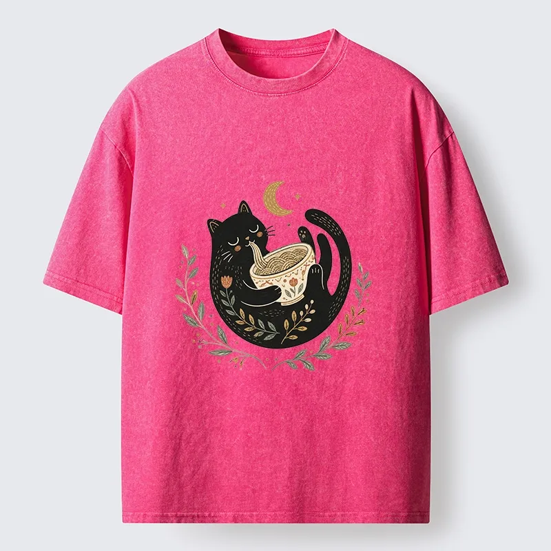 Tokyo-Tiger Soft Cute Black Cat Eat Noodle At Moon Washed T-Shirt