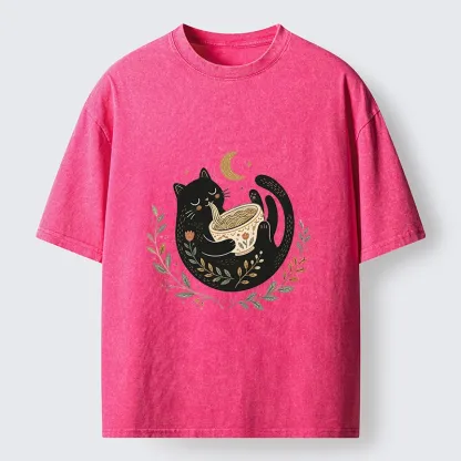 Tokyo-Tiger Soft Cute Black Cat Eat Noodle At Moon Washed T-Shirt