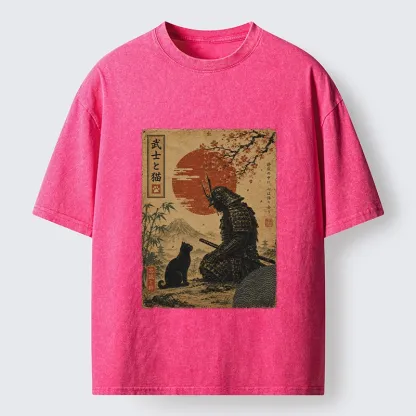 Tokyo-Tiger Samurai And Black Cat Mountain Washed T-Shirt