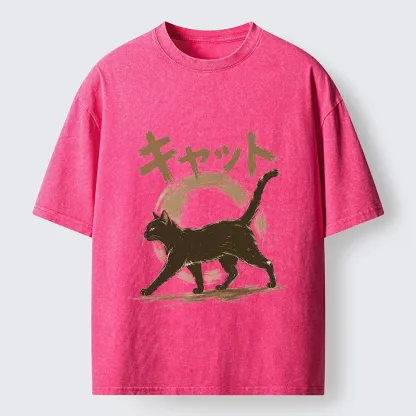 Tokyo-Tiger Retro Brush Stroke Black Cat Walking Washed T-Shirt