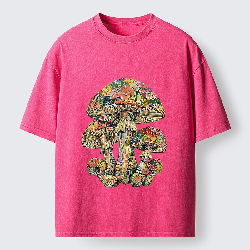 Tokyo-Tiger Tiny Black Cat Under Wild Rainbow Mushrooms Washed T-Shirt