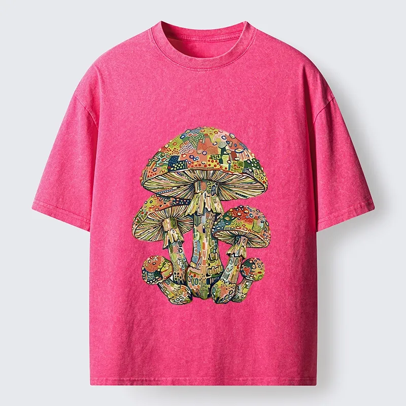 Tokyo-Tiger Tiny Black Cat Under Wild Rainbow Mushrooms Washed T-Shirt
