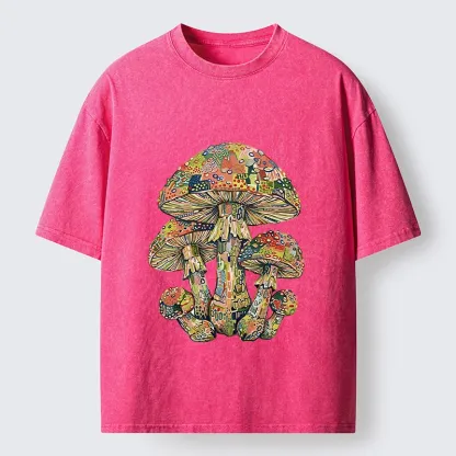 Tokyo-Tiger Tiny Black Cat Under Wild Rainbow Mushrooms Washed T-Shirt