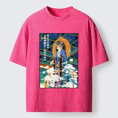 Tokyo-Tiger Peaceful Cat Buddha Asian Graphic Washed T-Shirt