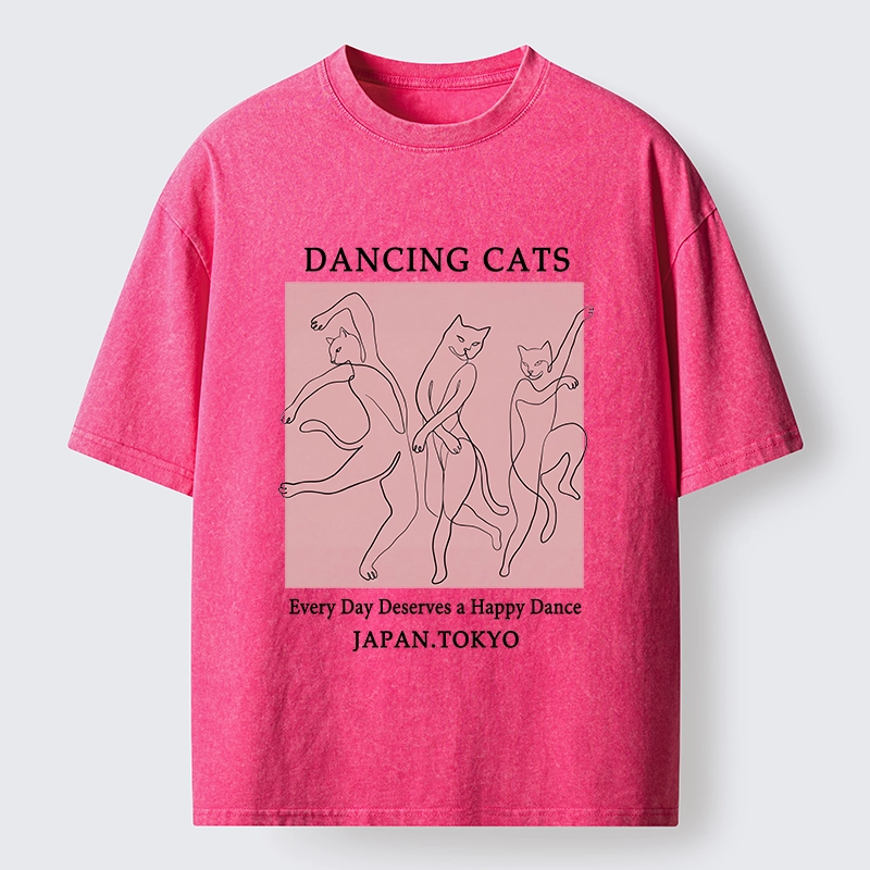 Tokyo-Tiger Happy Dance Cats Minimal Graphic Washed T-Shirt
