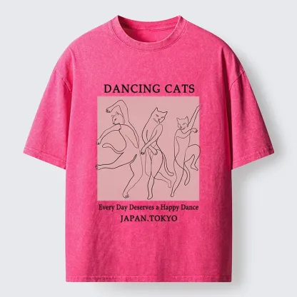 Tokyo-Tiger Happy Dance Cats Minimal Graphic Washed T-Shirt