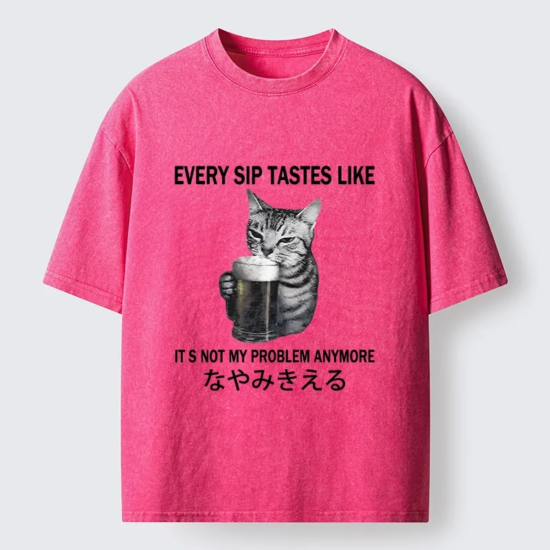 Tokyo-Tiger Chill Beer Cat Relax Graphic Washed T-Shirt
