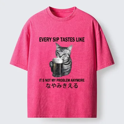 Tokyo-Tiger Chill Beer Cat Relax Graphic Washed T-Shirt