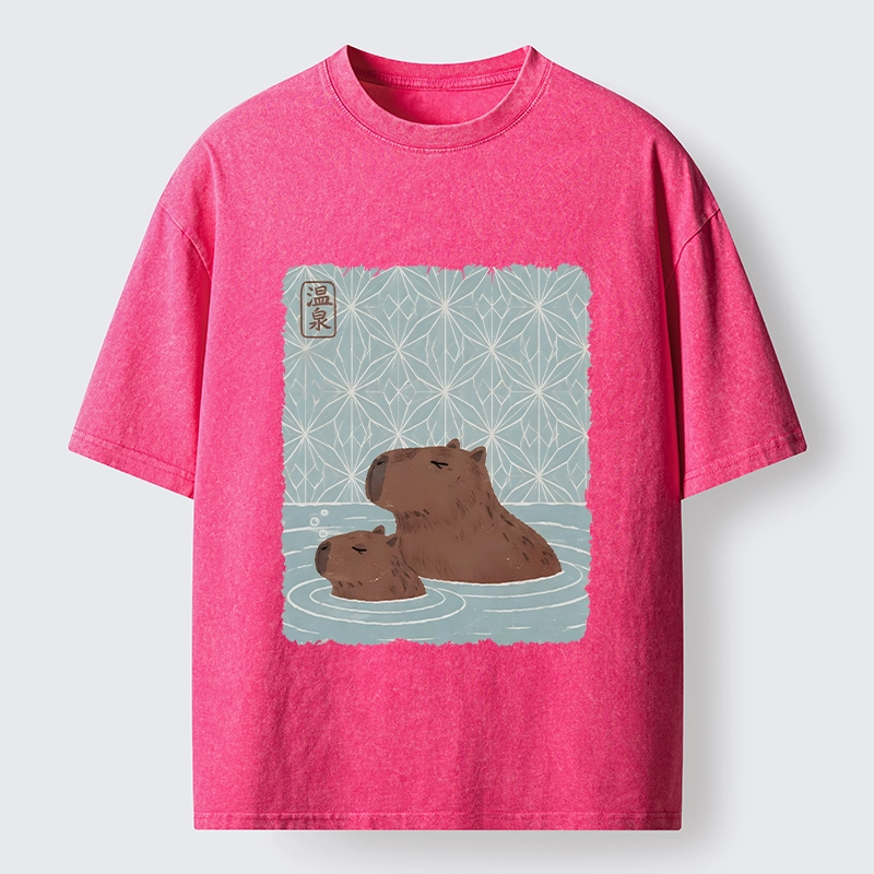 Tokyo-Tiger Onsen Capybara Calming Art Washed T-Shirt