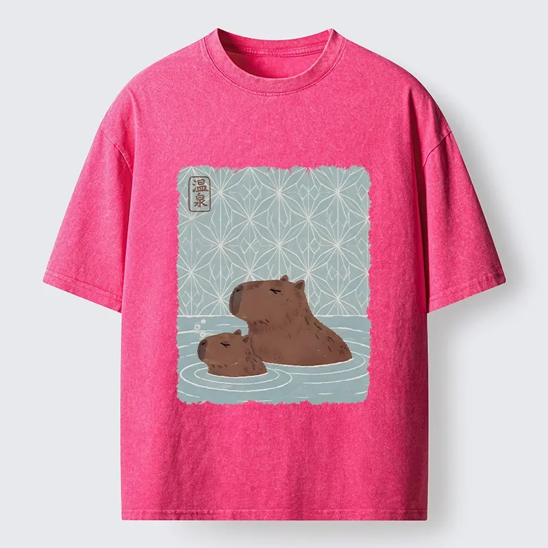 Tokyo-Tiger Onsen Capybara Calming Art Washed T-Shirt