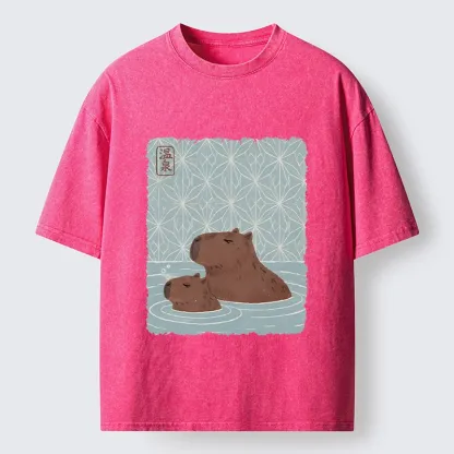 Tokyo-Tiger Onsen Capybara Calming Art Washed T-Shirt