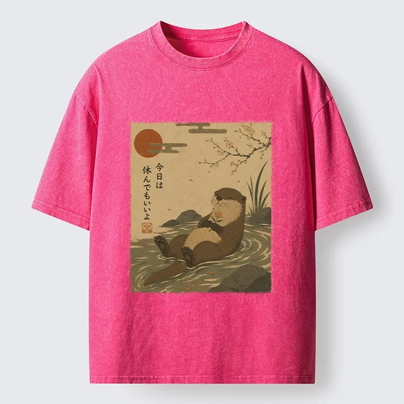 Tokyo-Tiger Floating Otter Relax Japanese Art Washed T-Shirt