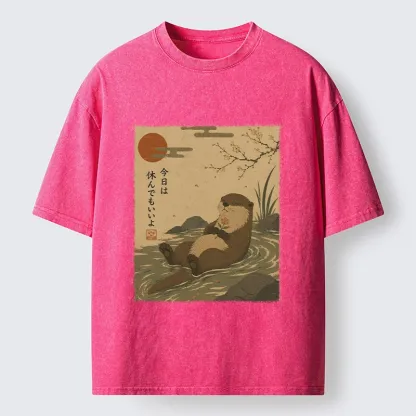 Tokyo-Tiger Floating Otter Relax Japanese Art Washed T-Shirt
