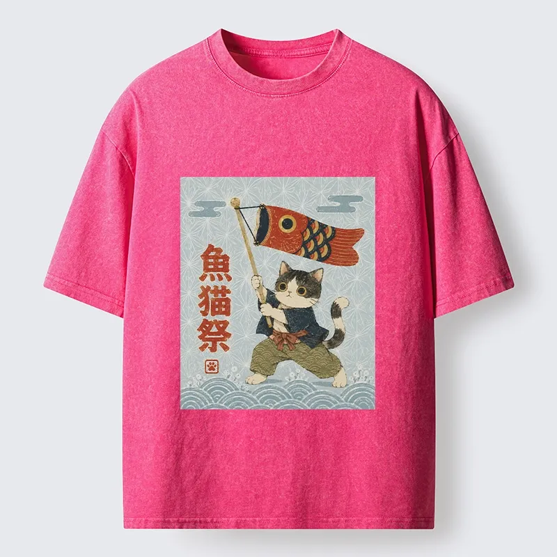 Tokyo-Tiger Koinobori Festival Cat Japanese Print Washed T-Shirt