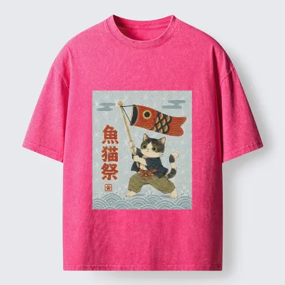 Tokyo-Tiger Koinobori Festival Cat Japanese Print Washed T-Shirt