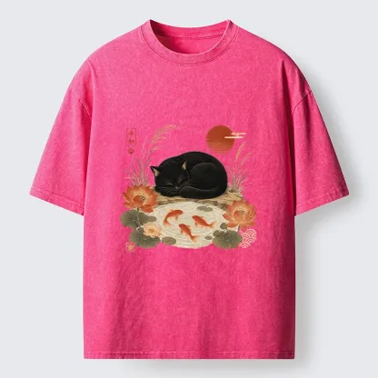 Tokyo-Tiger Peace Lotus Black Cat Koi Art Washed T-Shirt