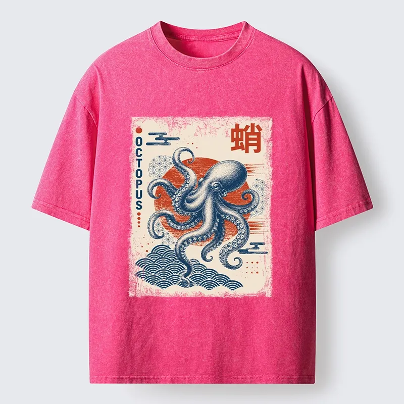 Tokyo-Tiger Vintage Japanese Octopus Wave Art Washed T-Shirt