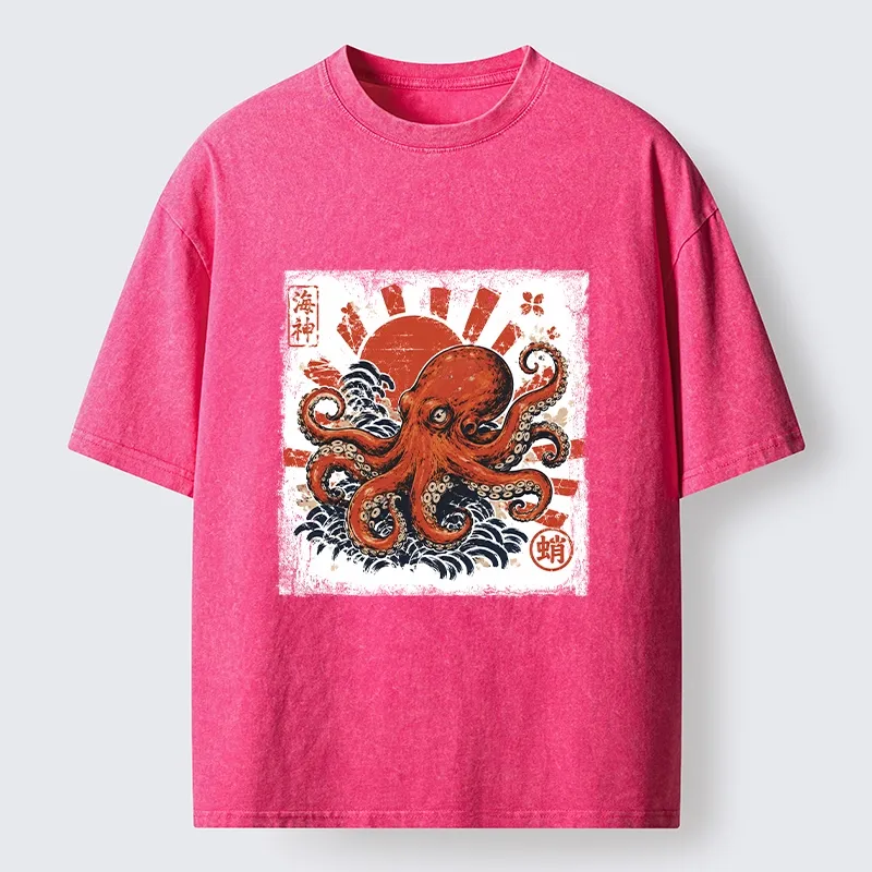 Tokyo-Tiger Bold Red Ocean Octopus Graphic Washed T-Shirt