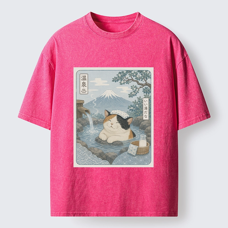 Tokyo-Tiger Mount Fuji Onsen Cat Calming Art Washed T-Shirt