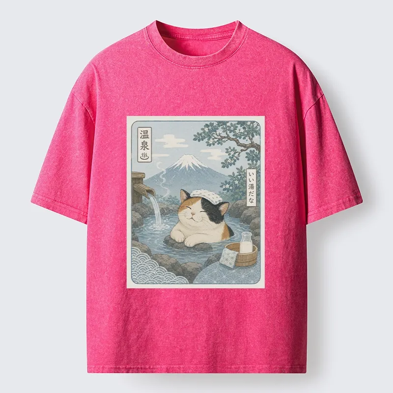 Tokyo-Tiger Mount Fuji Onsen Cat Calming Art Washed T-Shirt