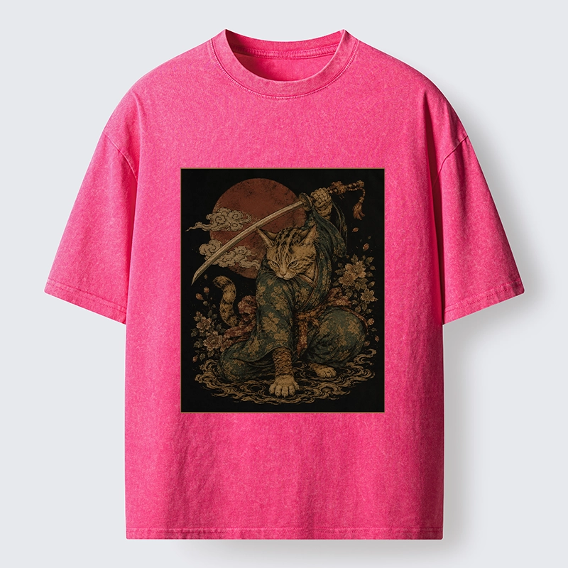 Tokyo-Tiger Samurai Cat Sword Floral Japanese Art Washed T-Shirt