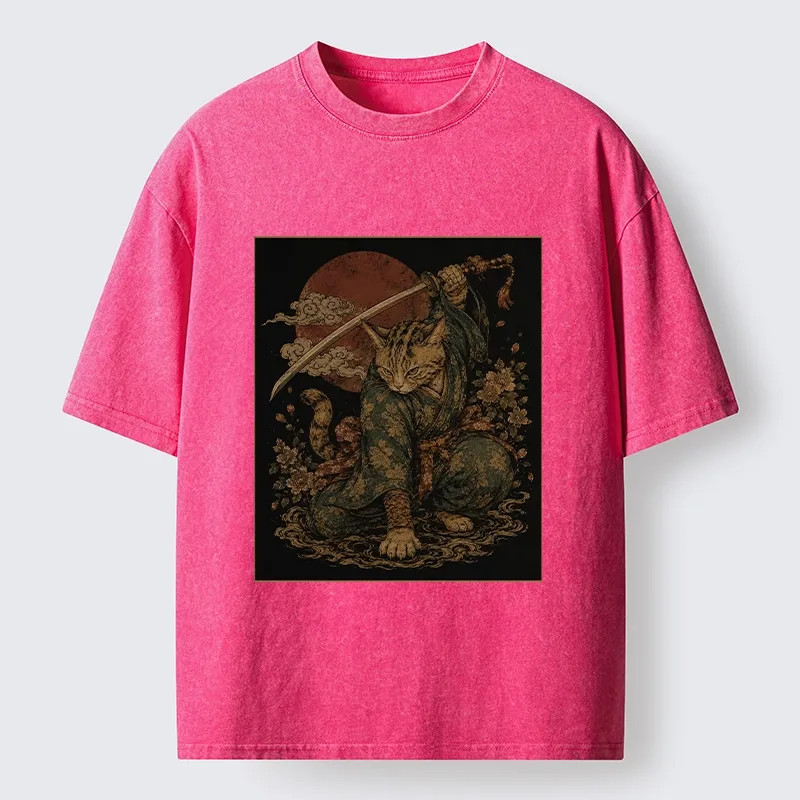 Tokyo-Tiger Samurai Cat Sword Floral Japanese Art Washed T-Shirt