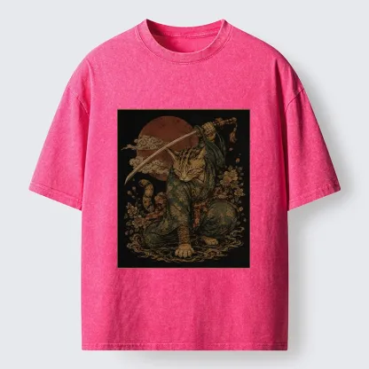 Tokyo-Tiger Samurai Cat Sword Floral Japanese Art Washed T-Shirt