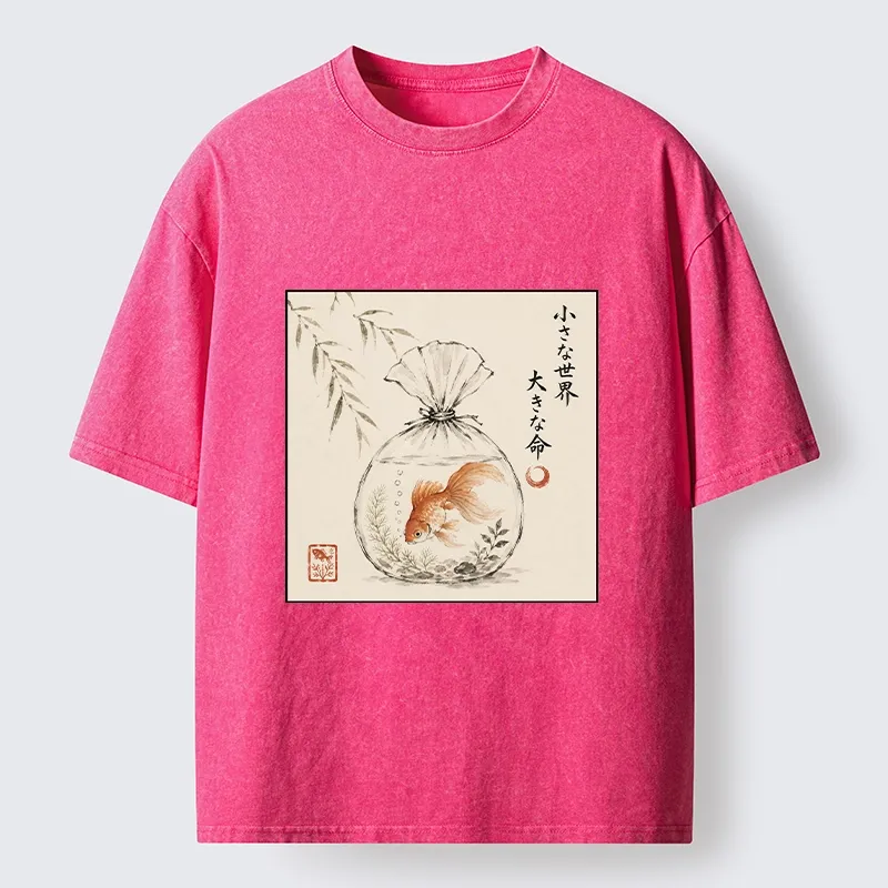 Tokyo-Tiger Goldfish Bag Minimal Ink Art Washed T-Shirt