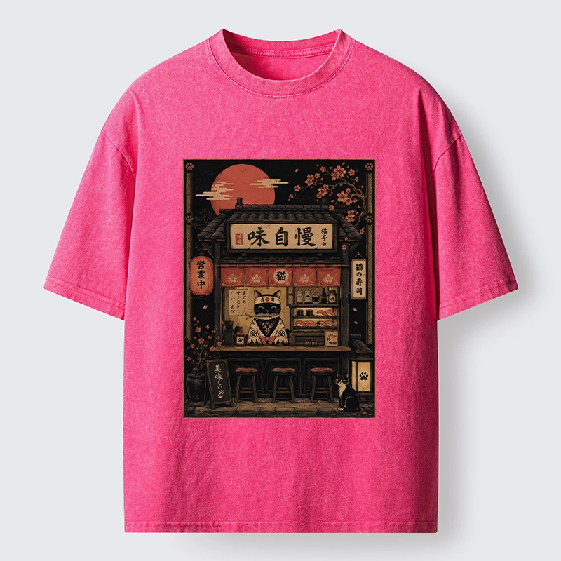 Tokyo-Tiger Cat Sushi Shop Retro Street Art Washed T-Shirt