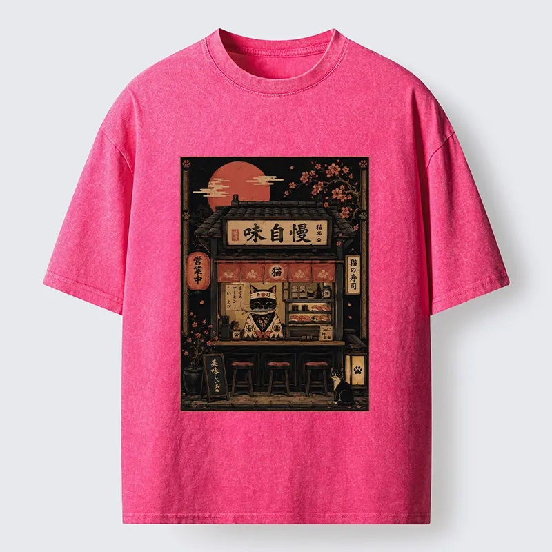 Tokyo-Tiger Cat Sushi Shop Retro Street Art Washed T-Shirt