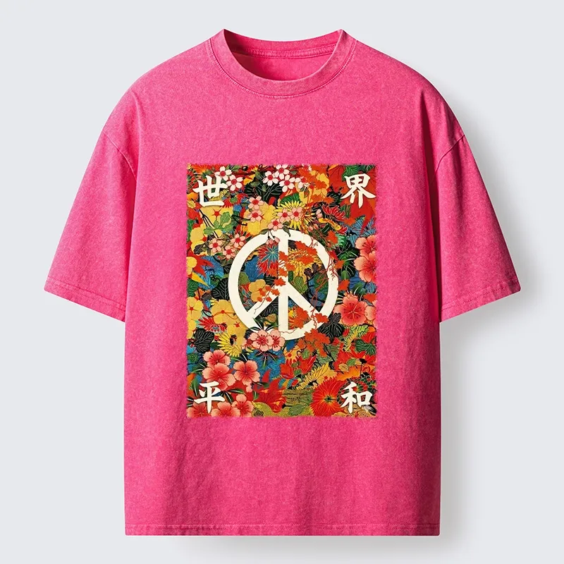 Tokyo-Tiger Bright Blooms Bring Global Calm Peace Washed T-Shirt