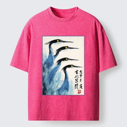 Tokyo-Tiger Brush Strokes Draw Graceful Water Birds Washed T-Shirt