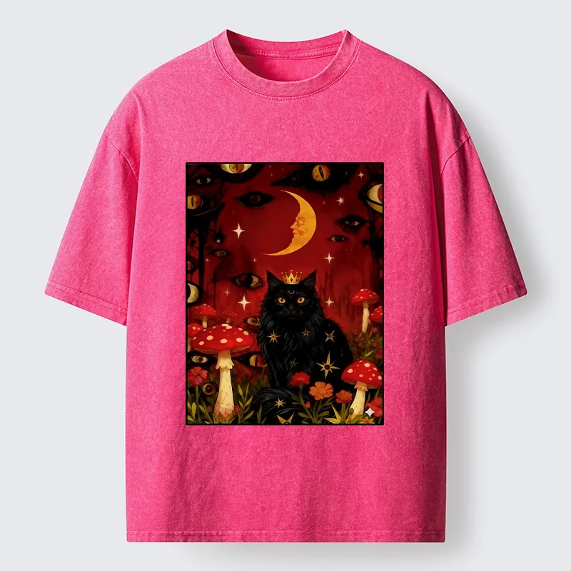 Tokyo-Tiger Mystic Cat Amid Red Spotted Mushrooms Washed T-Shirt