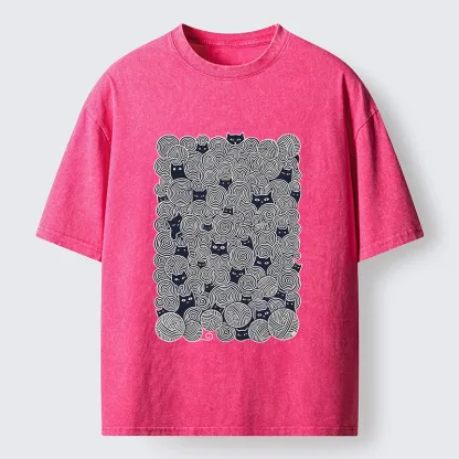 Tokyo-Tiger Tiny Black Cats Hide In Yarn Balls Washed T-Shirt