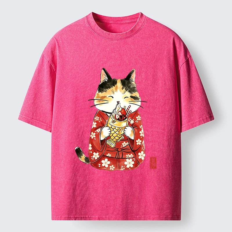 Tokyo-Tiger Enjoying Japanese Taiyaki Washed T-Shirt