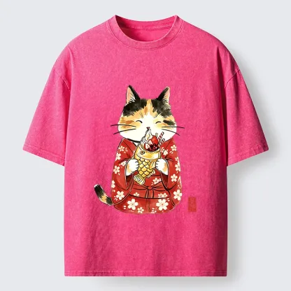 Tokyo-Tiger Enjoying Japanese Taiyaki Washed T-Shirt