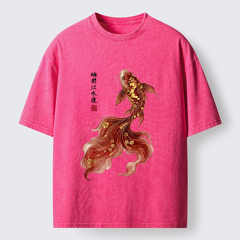 Tokyo-Tiger Golden Sakura Red Koi Ink Art Washed T-Shirt
