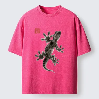 Tokyo-Tiger Minimal Asian Ink Brush Gecko Vibe Washed T-Shirt
