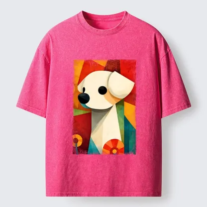 Tokyo-Tiger Retro Abstract Color Block Puppy Art Washed T-Shirt