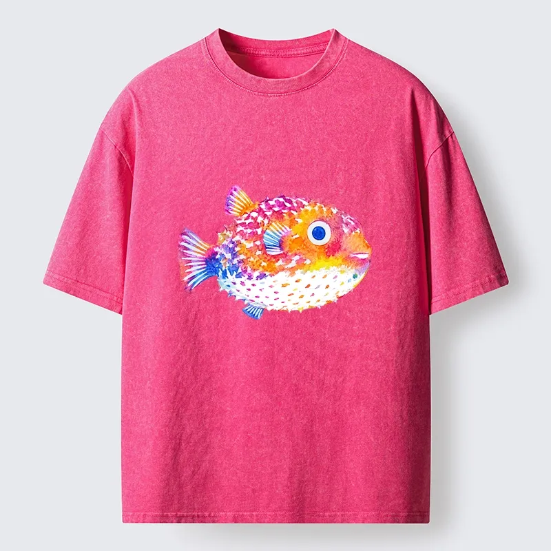 Tokyo-Tiger Rainbow Watercolor Puffer Fish Art Washed T-Shirt Sale