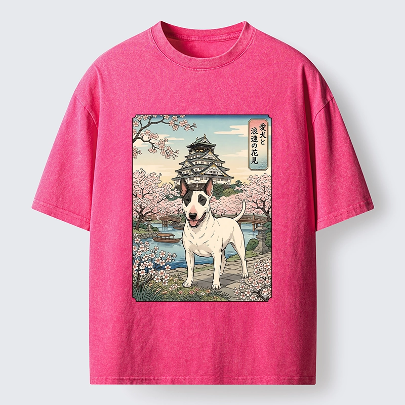 Tokyo-Tiger Ukiyo-e Bull Terrier Cherry Blossom Art Washed T-Shirt