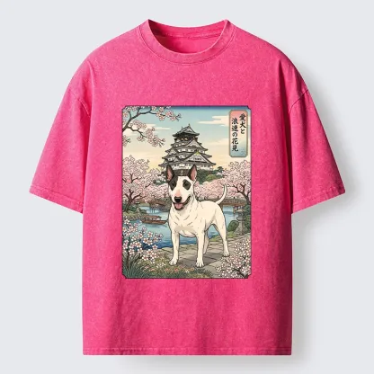 Tokyo-Tiger Ukiyo-e Bull Terrier Cherry Blossom Art Washed T-Shirt