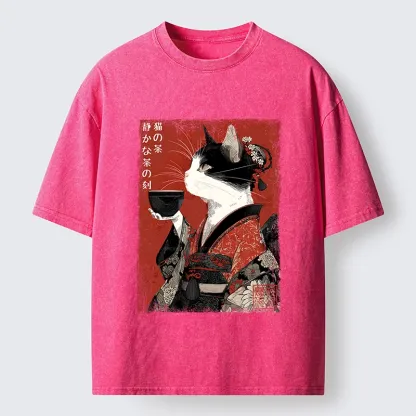 Tokyo-Tiger Kimono Tea Cat Red Vintage Ink Art Washed T-Shirt