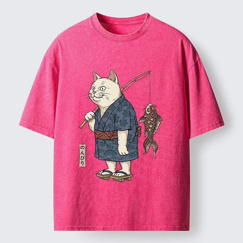 Tokyo-Tiger Kimono Cat Fishing Koi Fish Art Washed T-Shirt Sale