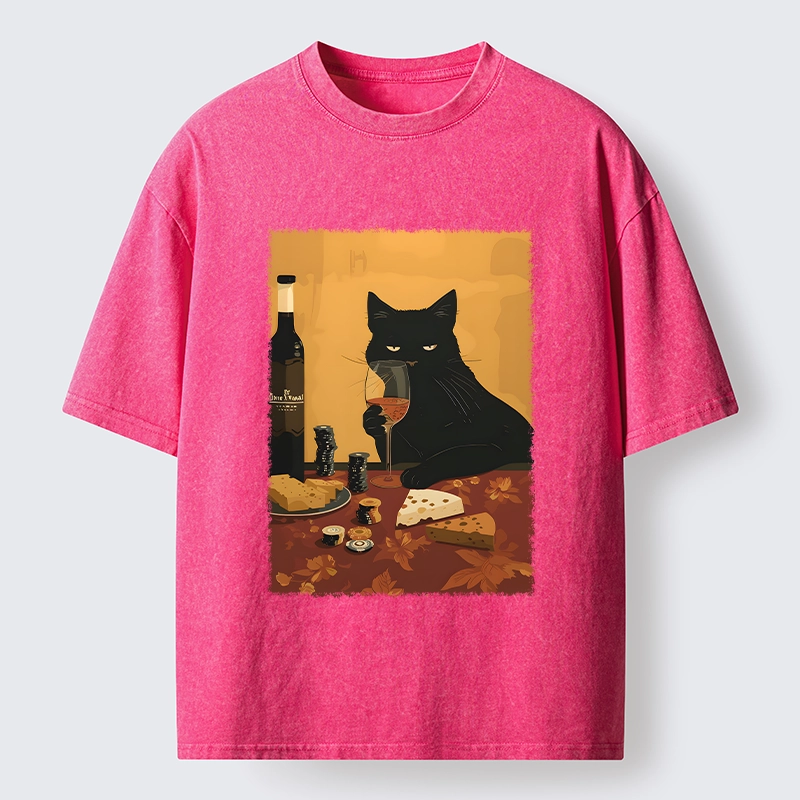 Tokyo-Tiger Chill Black Cat Wine Cheese Art Washed T-Shirt