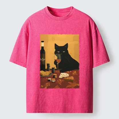Tokyo-Tiger Chill Black Cat Wine Cheese Art Washed T-Shirt
