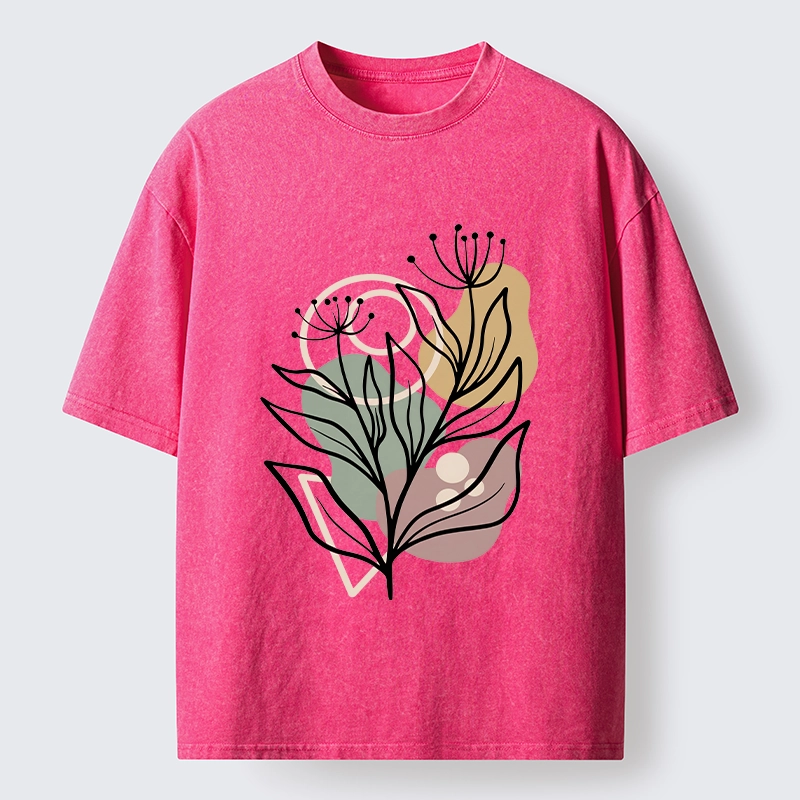 Tokyo-Tiger Soft Boho Floral Line Art Washed T-Shirt