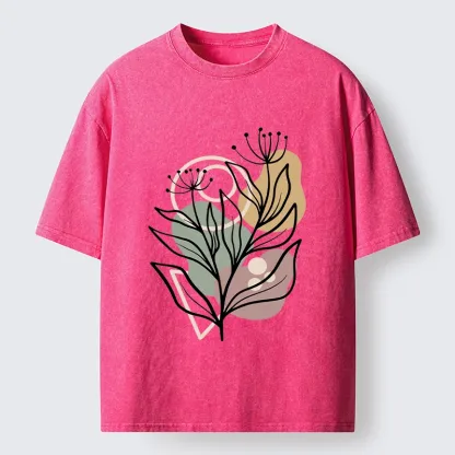 Tokyo-Tiger Soft Boho Floral Line Art Washed T-Shirt