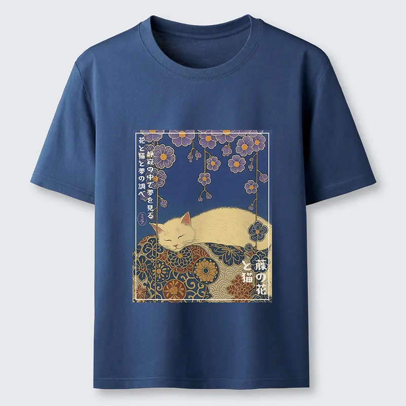 Tokyo-Tiger Ukiyoe Wisteria Flowers and Cats Classic T-Shirt